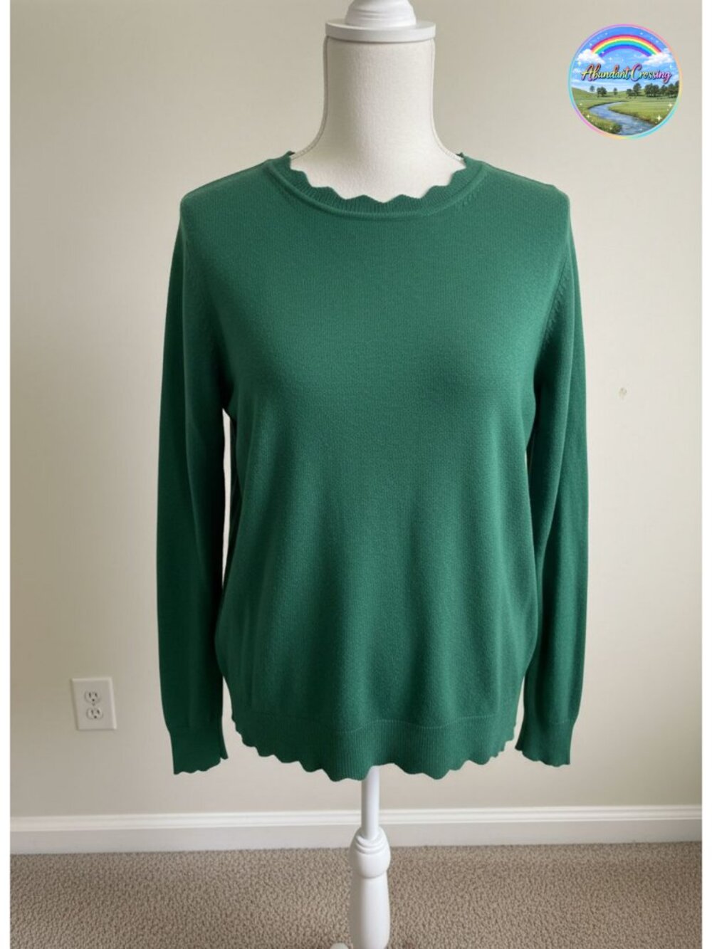 Lightweight Knit Pullover Sweater Long Blouson Sleeve Scallop Edge
